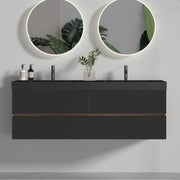 Grace 60' Walnut Bathroom Vanity with Matt Black Engineered Quartz Sink and Soft Black Drawers, Wall Mounted Floating Bathroom Vanity for Modern Bathroom, One-Piece Matt Black Basin, Pre-assembled