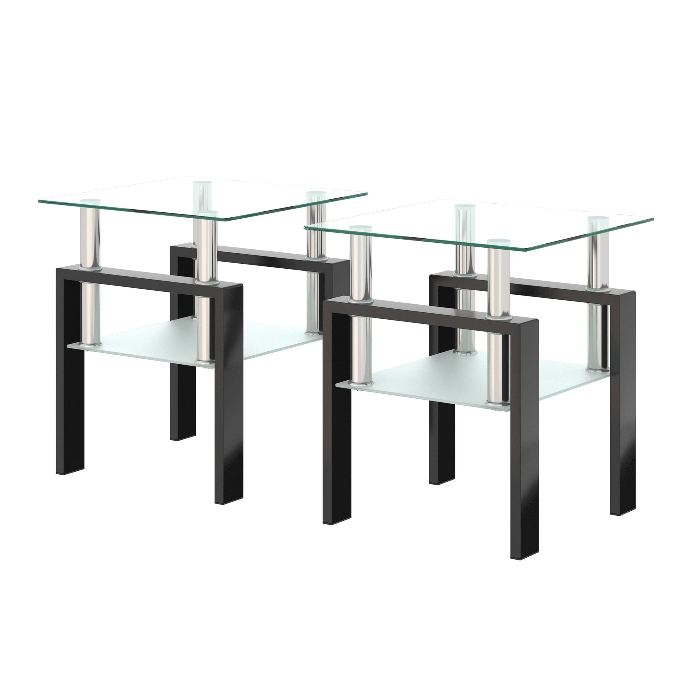 Modern Tempered Glass Tea Coffee End Table Set of 2, Transparent/Black, Metal Legs, Square Design