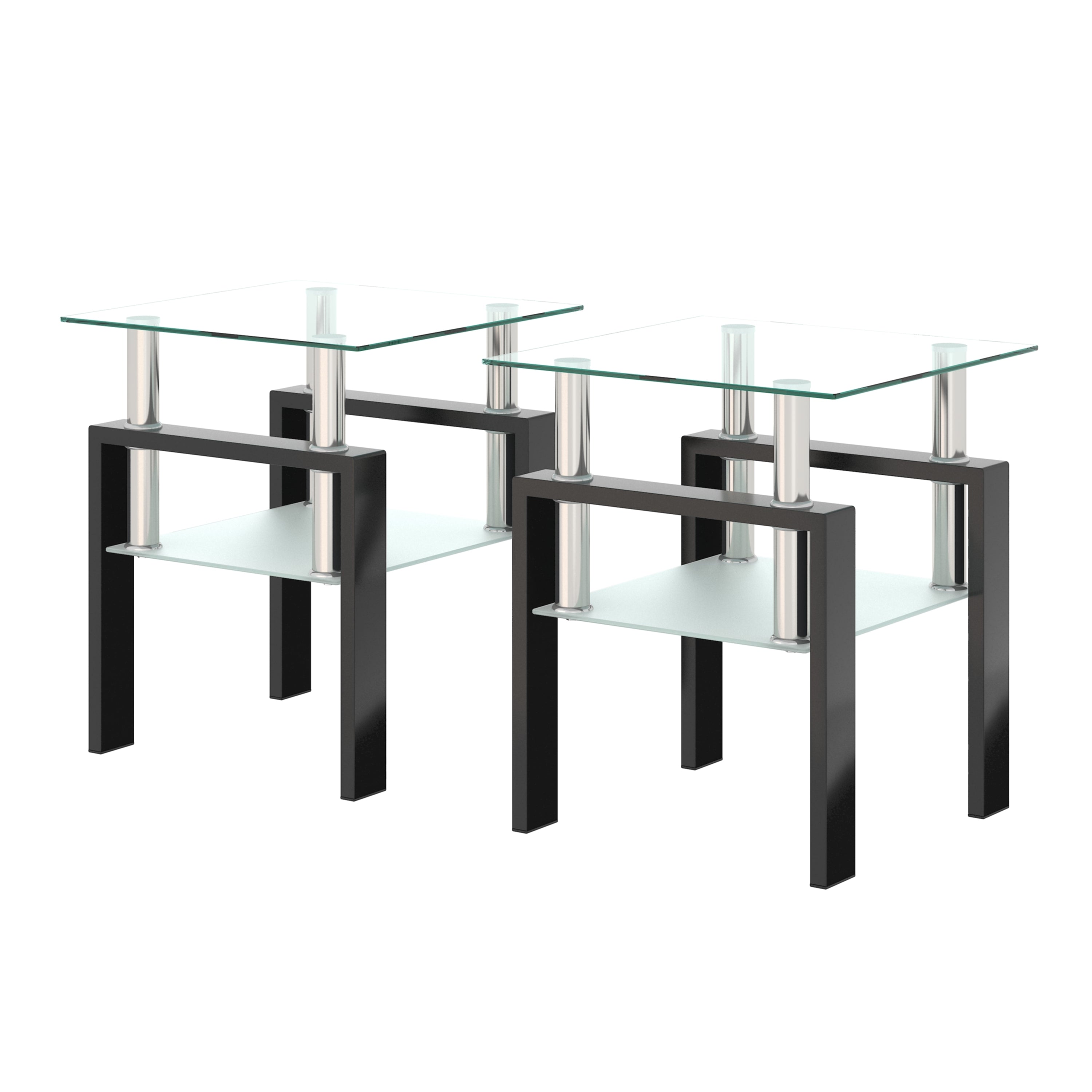 Modern Tempered Glass Tea Coffee End Table Set of 2, Transparent/Black, Metal Legs, Square Design