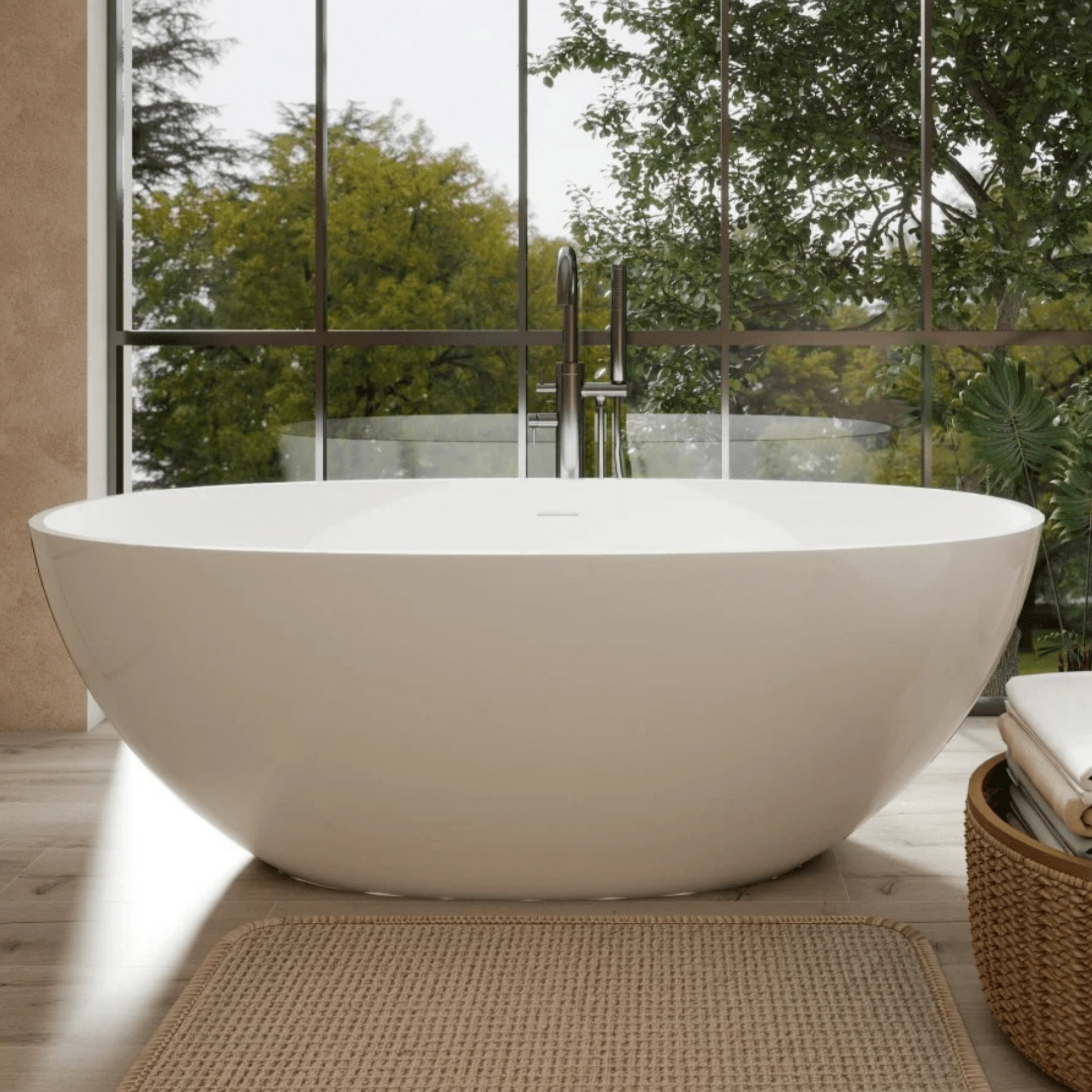 65' Freestanding Solid Surface Bathtub, Luxury Handcrafted Stone Resin Freestanding Soaking Bathtub with Overflow and Pop-up Drain, Glossy White 24S06-65GW