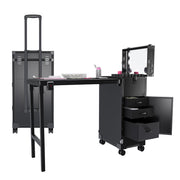 Portable Folding Nail Art Table with LED Mirror, Bluetooth, Lockable Drawers, Telescopic Pole - Black Plastic Manicure Station