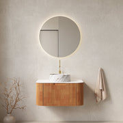DINA 30' Bathroom Vanity with Sink, Wall-Mounted Floating Curved Edges Striped Bathroom Storage Cabinet with Drawer, White Round Ceramic Basin with Stone Pattern, Pre-assembled, Natura Woodgrain Color