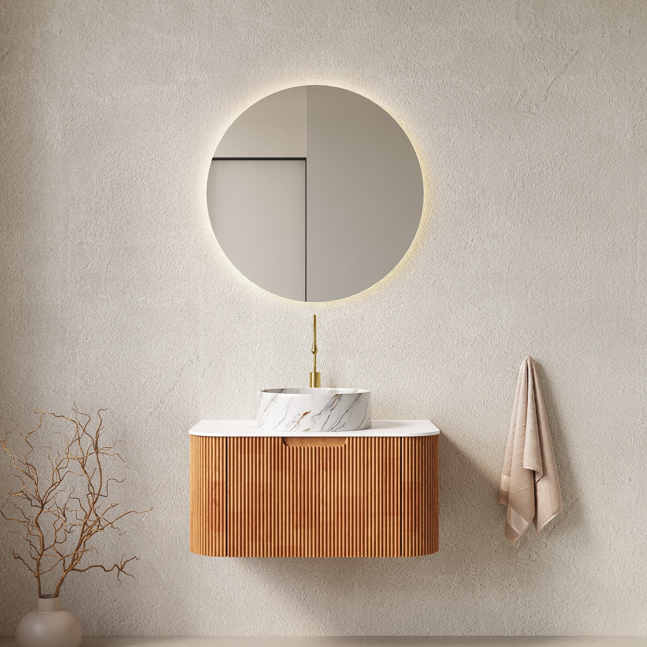 DINA 30' Bathroom Vanity with Sink, Wall-Mounted Floating Curved Edges Striped Bathroom Storage Cabinet with Drawer, White Round Ceramic Basin with Stone Pattern, Pre-assembled, Natura Woodgrain Color