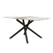 Luxurious White Marble-Patterned Tempered Glass Dining Table with Black Metal Legs, 63'x35.4'