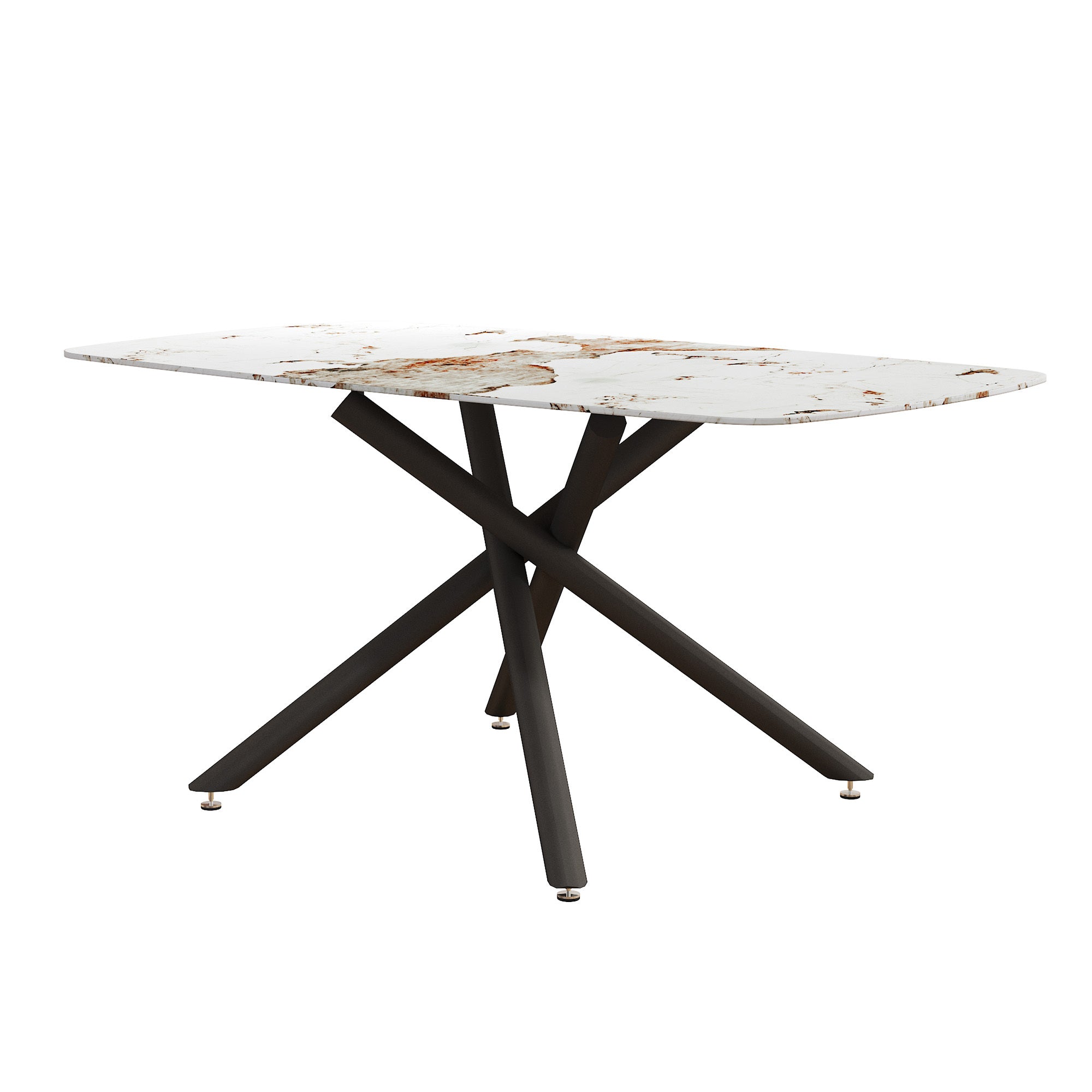 Luxurious White Marble-Patterned Tempered Glass Dining Table with Black Metal Legs, 63'x35.4'