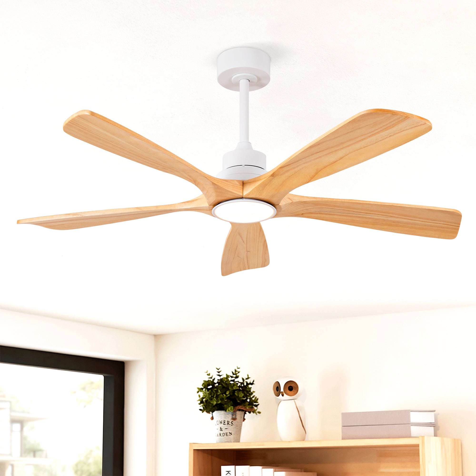 Hot sales 52 Inch Modern Ceiling Fan With 3 Color Dimmable 5 Solide Wood Blades Remote Control Reversible DC Motor With Led Light