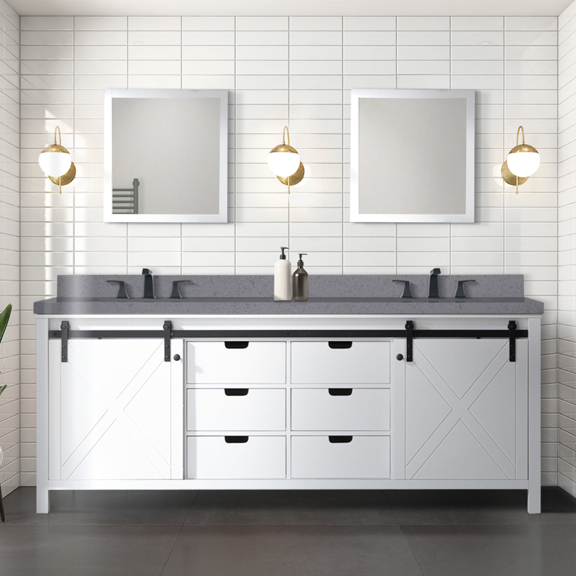 White Double Bath Vanity 84 in. W x 22 in. D, with Grey Quartz Countertop