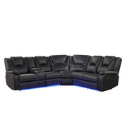Modern Faux Leather Manual Reclining Sectional Sofa with Center Console and LED Light Strip, Black PU Symmetrical Couch with 2 Cup Holders and Storage
