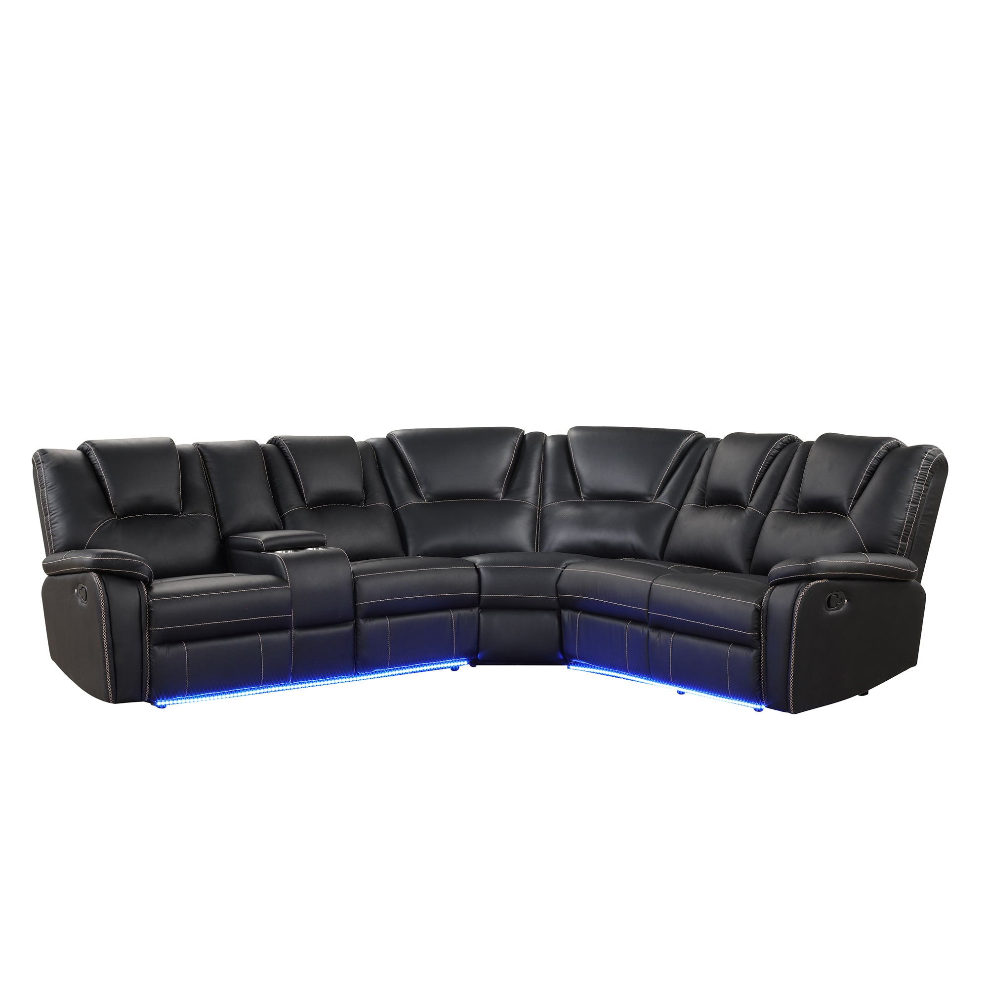 Modern Faux Leather Manual Reclining Sectional Sofa with Center Console and LED Light Strip, Black PU Symmetrical Couch with 2 Cup Holders and Storage