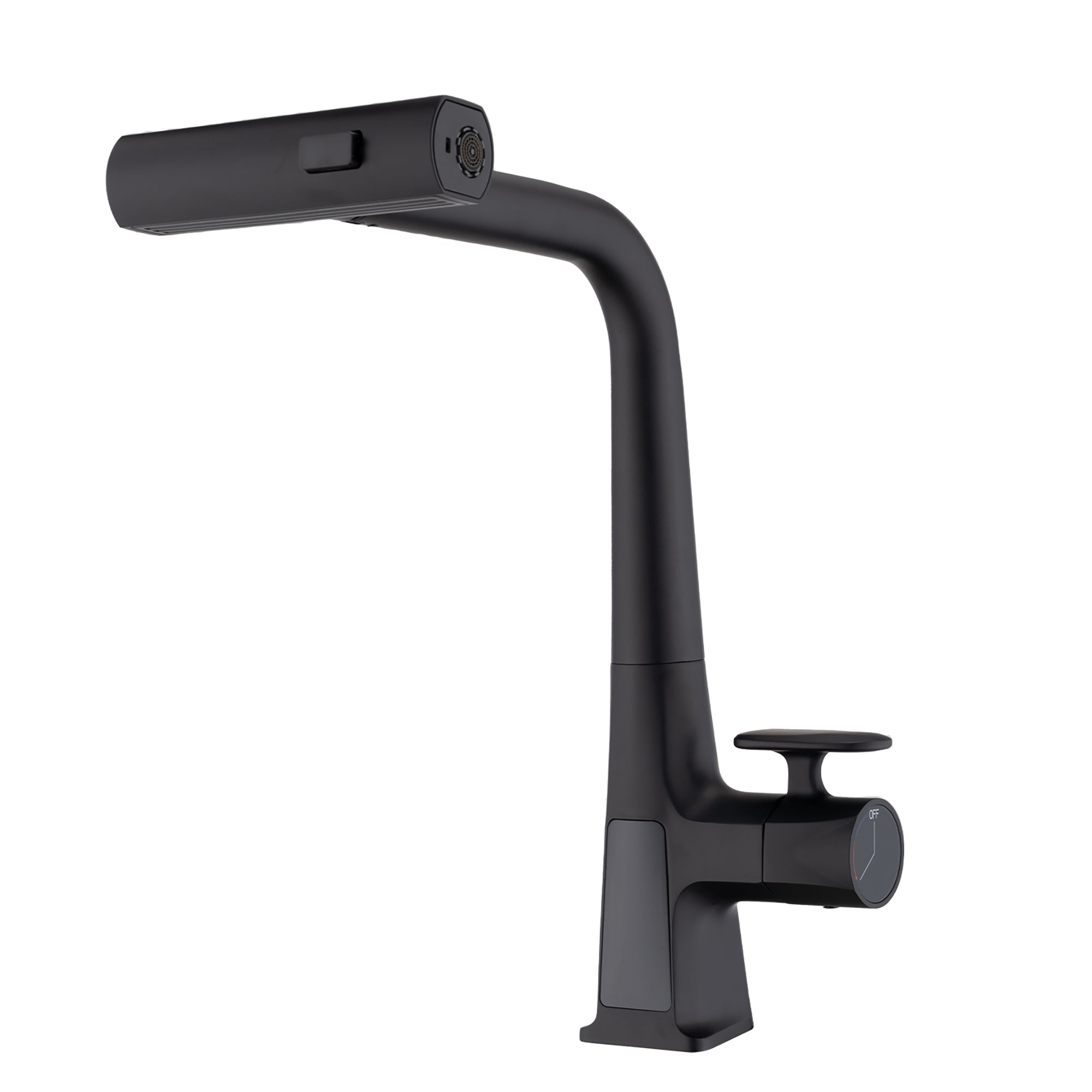 Modern Matte Black Waterfall Kitchen Faucet with Temperature Display and Pull Down Sprayer, Zinc Construction, 15.75-Inch Height