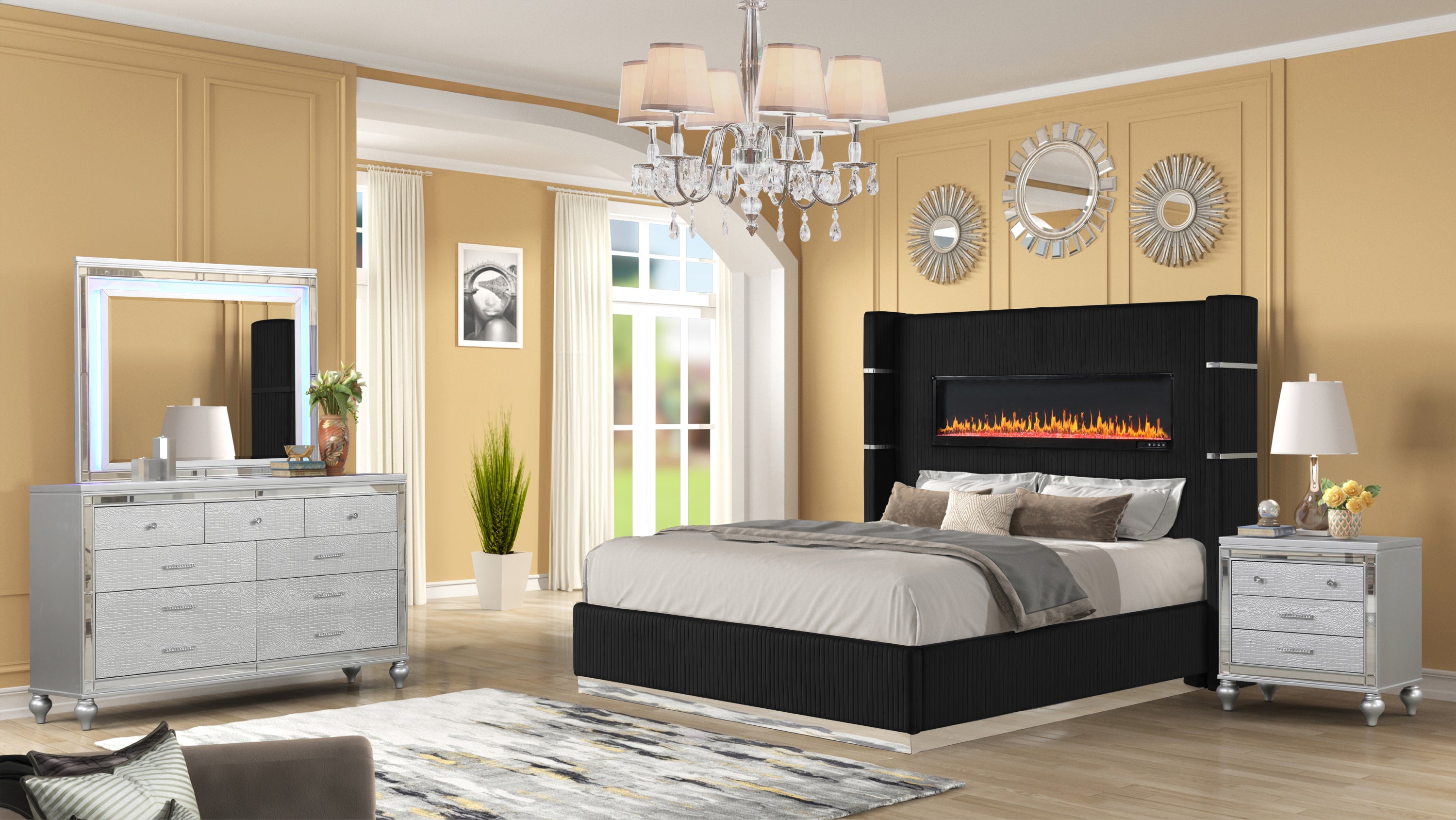 LIZZELLE Upholstery Wooden Queen 4 PC Bedroom set with Ambient lighting in Black Velvet Finish(CA INVENTORY)