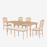 TOPMAX Vintage Traditional Extendable Dining Table Set with Removable Leaf, Upholstered Bench and Chairs, Natural Rubberwood