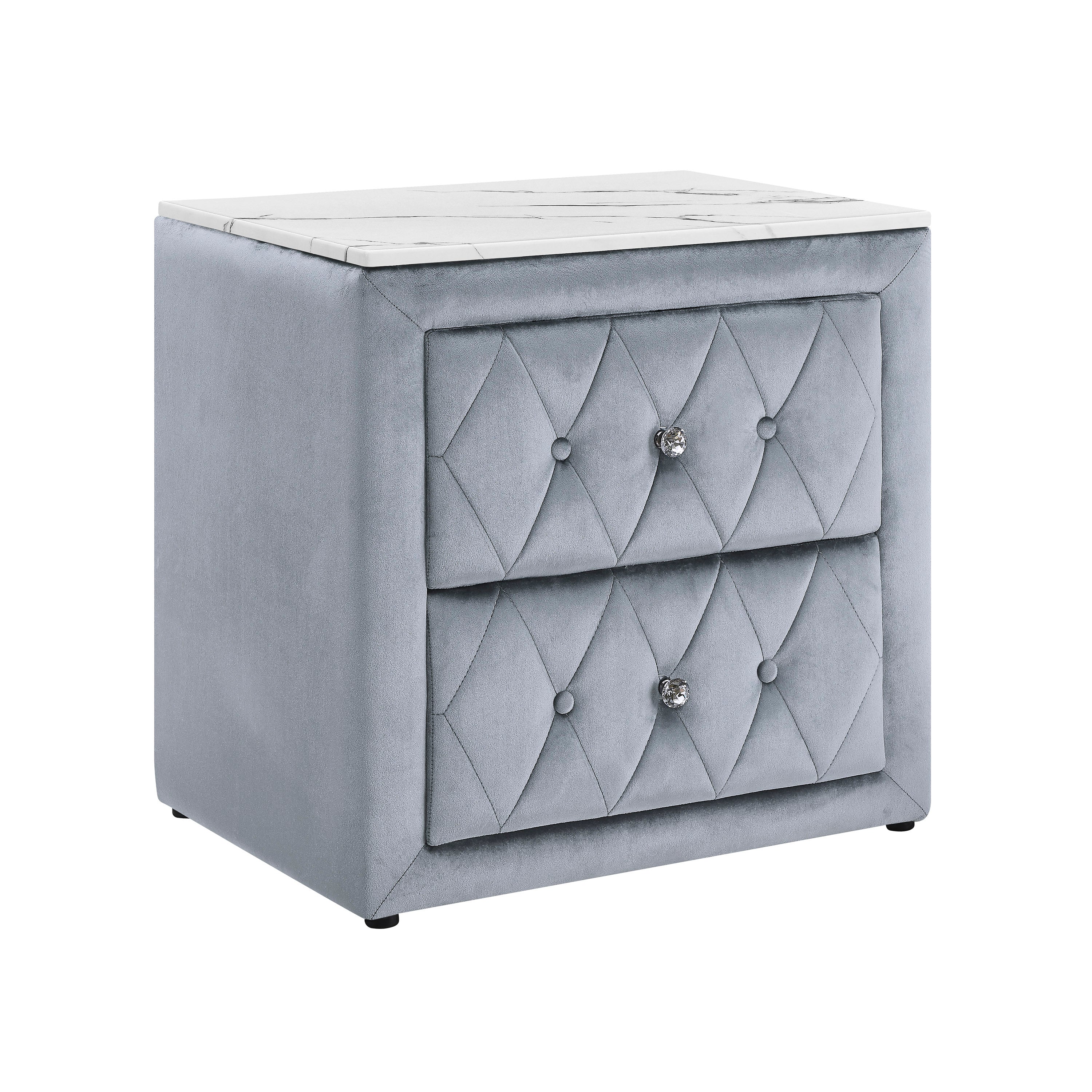 1pc Gray Nightstand Upholstery Fabric Faux Marble Top Two Storage Drawers Wooden Bedroom Furniture