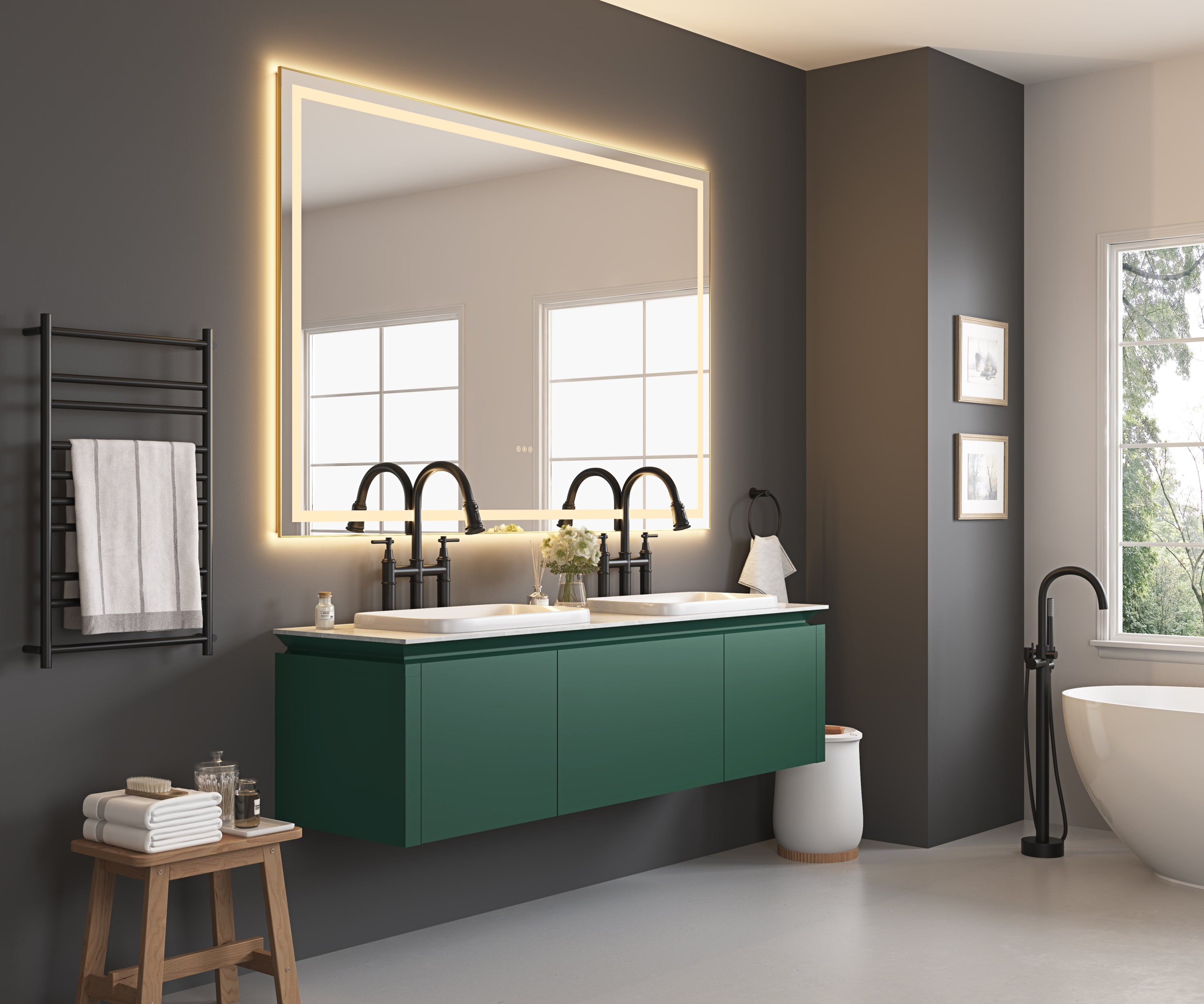 84in. W x 48in. H Oversized Rectangular Black Framed LED Mirror Anti-Fog Dimmable Wall Mount Bathroom Vanity Mirror  HD Wall Mirror Kit For Gym And Dance Studio 48X 84Inches With Safety Ba