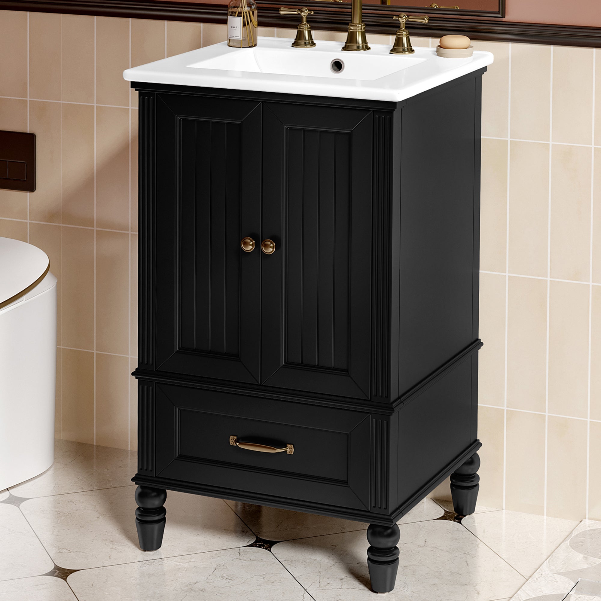 20' Bathroom Vanity with Sink, Bathroom Cabinet with Two Doors, Magnetic Door Stopper and  Adiustable Foot Pads, A Drawer, Black