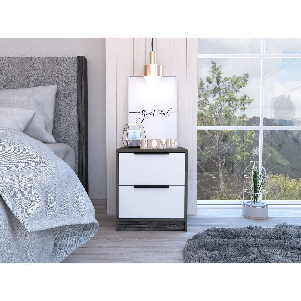 Modern Nightstand 19' H, Two Drawers, Smokey Oak / White