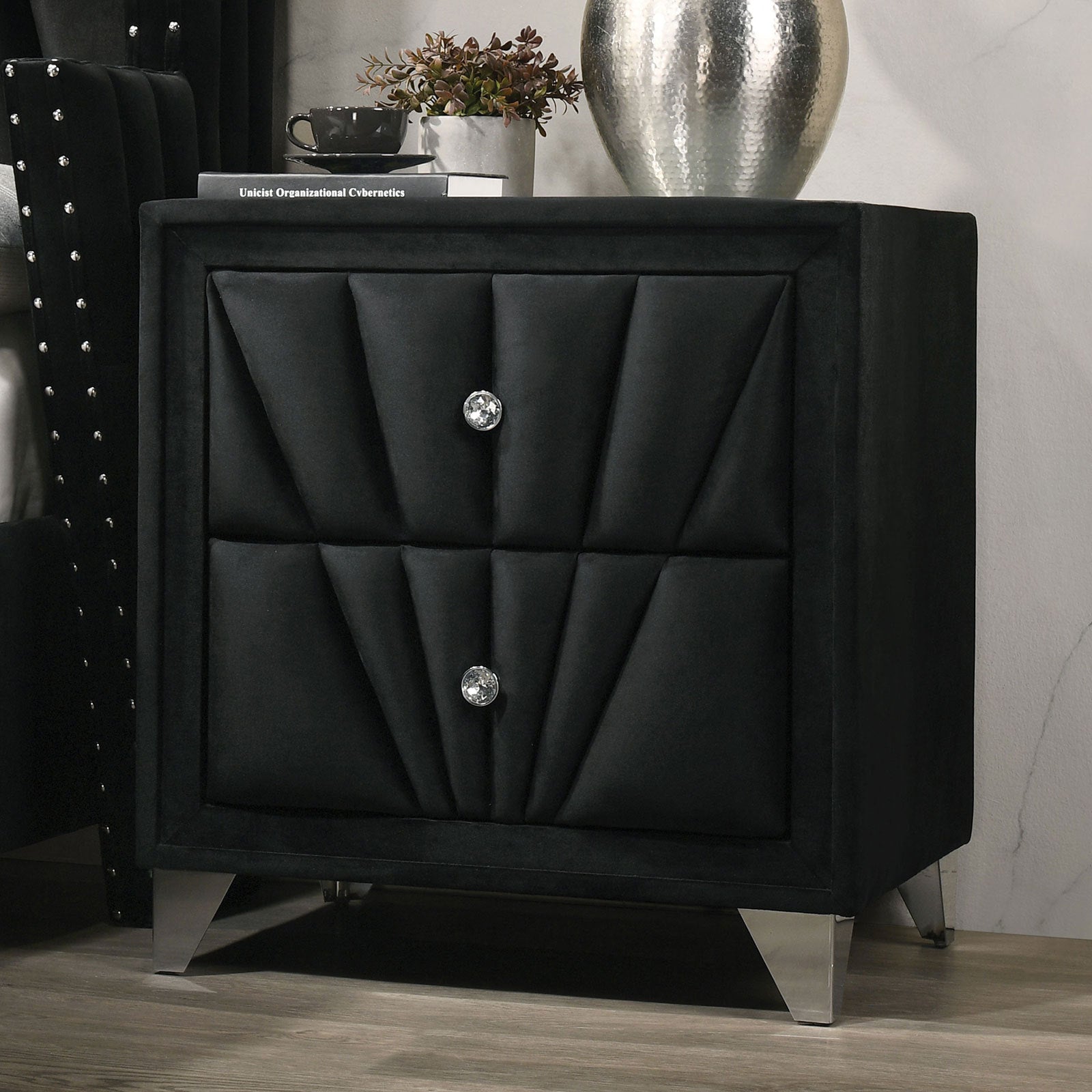 Gorgeous Black Fabric Fully Upholstered Nightstand 1pc Bedroom Furniture Chrome Legs Bedside Table