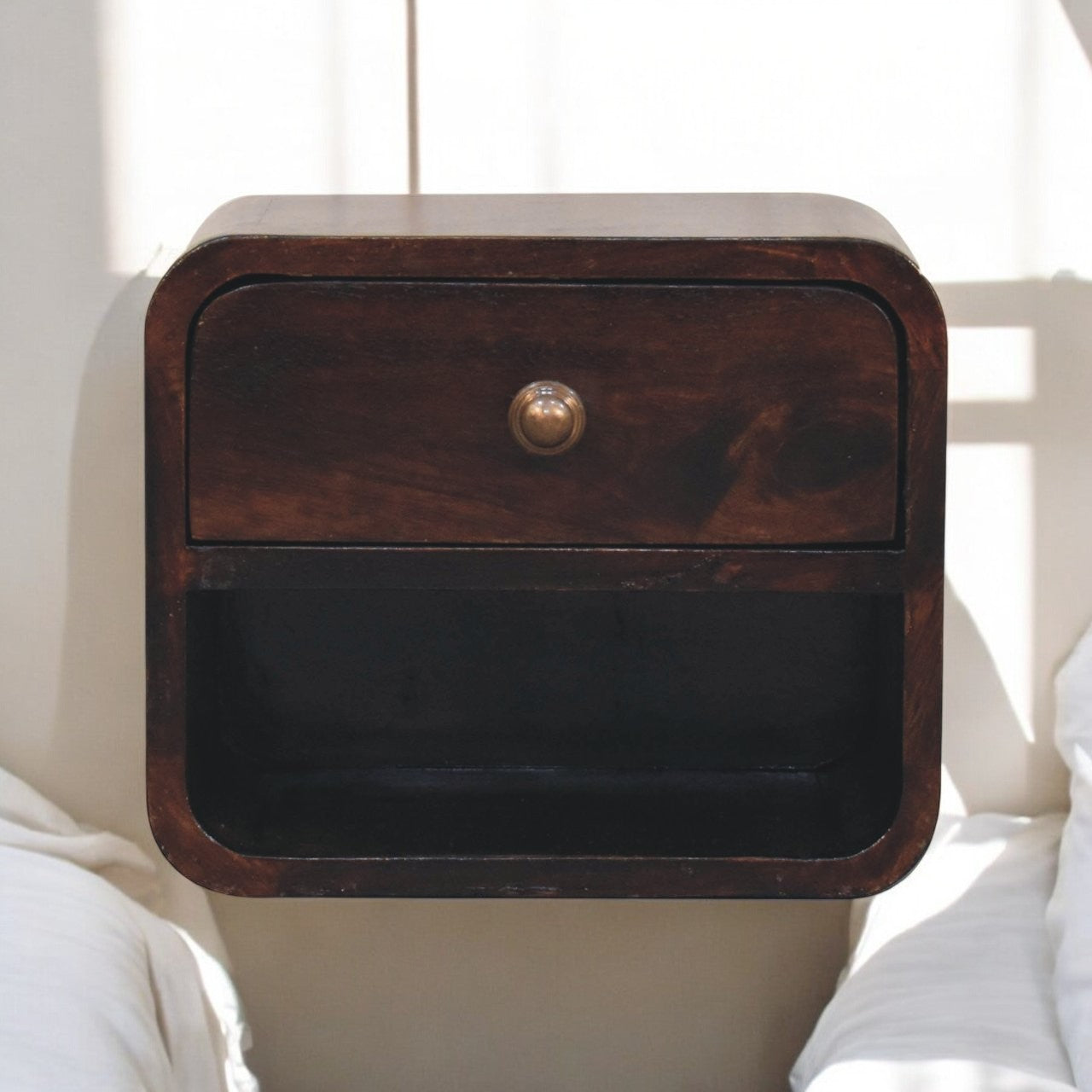 Solid Wood Mini Curved California Walnut Wall-Mounted Bedside, Open Slot, 1-Drawer