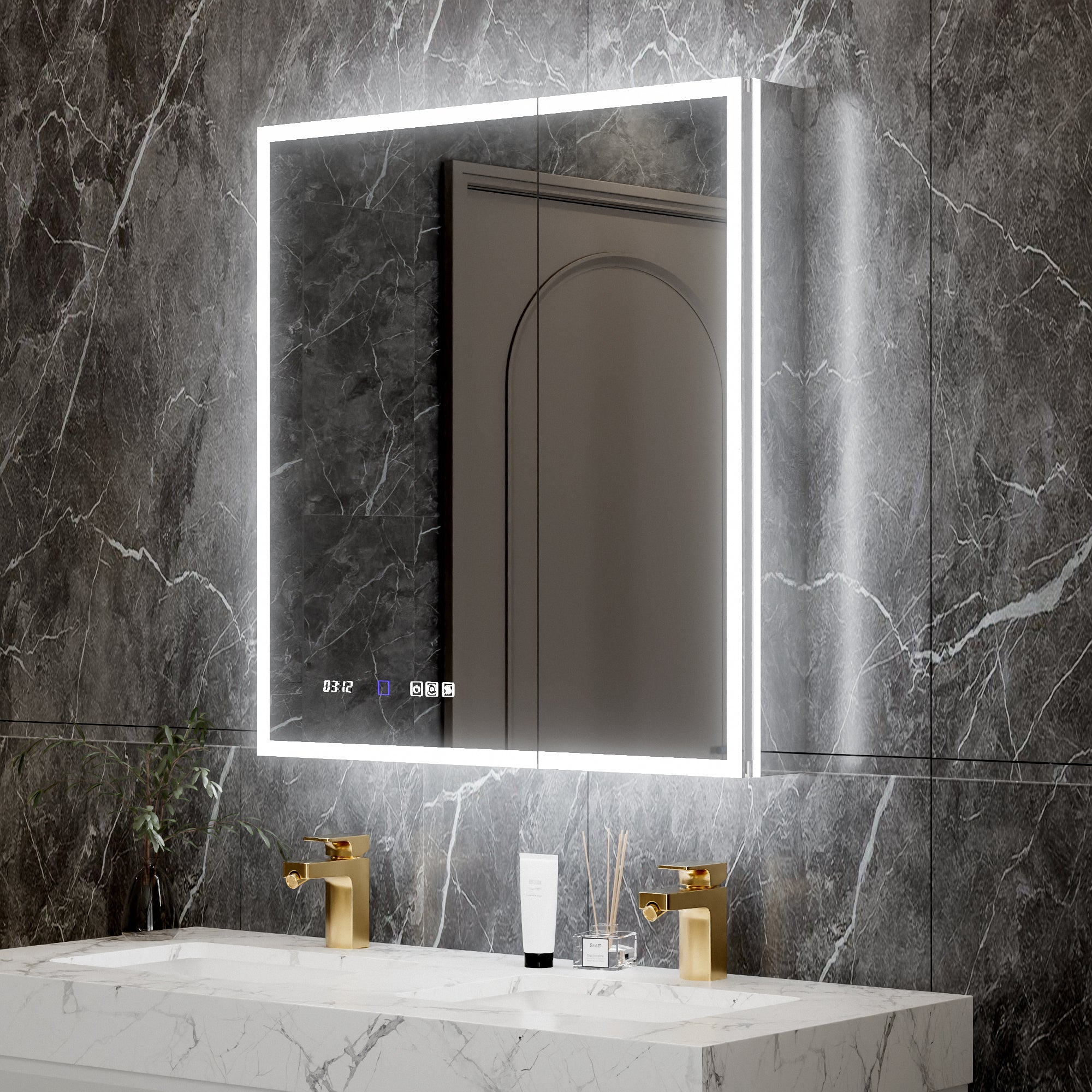 30*32 inch Smart LED Medicine Cabinet with GFCI Outlet & Blum Hinges,Front&Backlit ,Buil Built-in High-Power Outlet ,Stepless Dimming & Anti-Fog,Integrated Design,Multifunctional Bathroom Storage