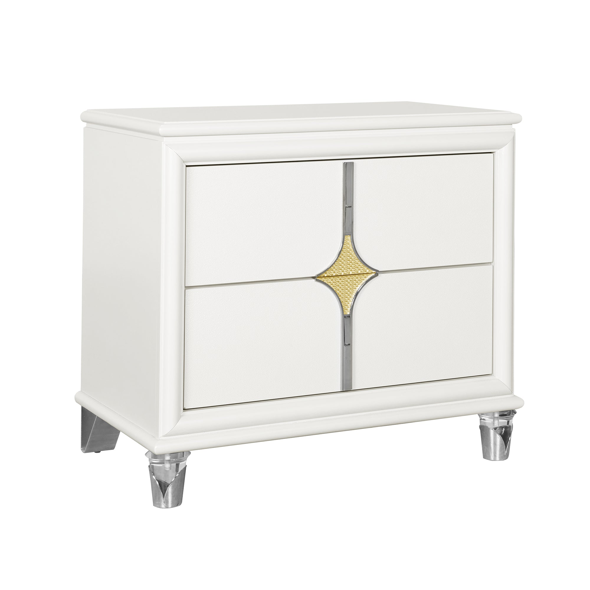 URIUNI Elegant Gold Nightstand with Acrylic Legs and Gold Accented Drawers in Solid Wood and MDF