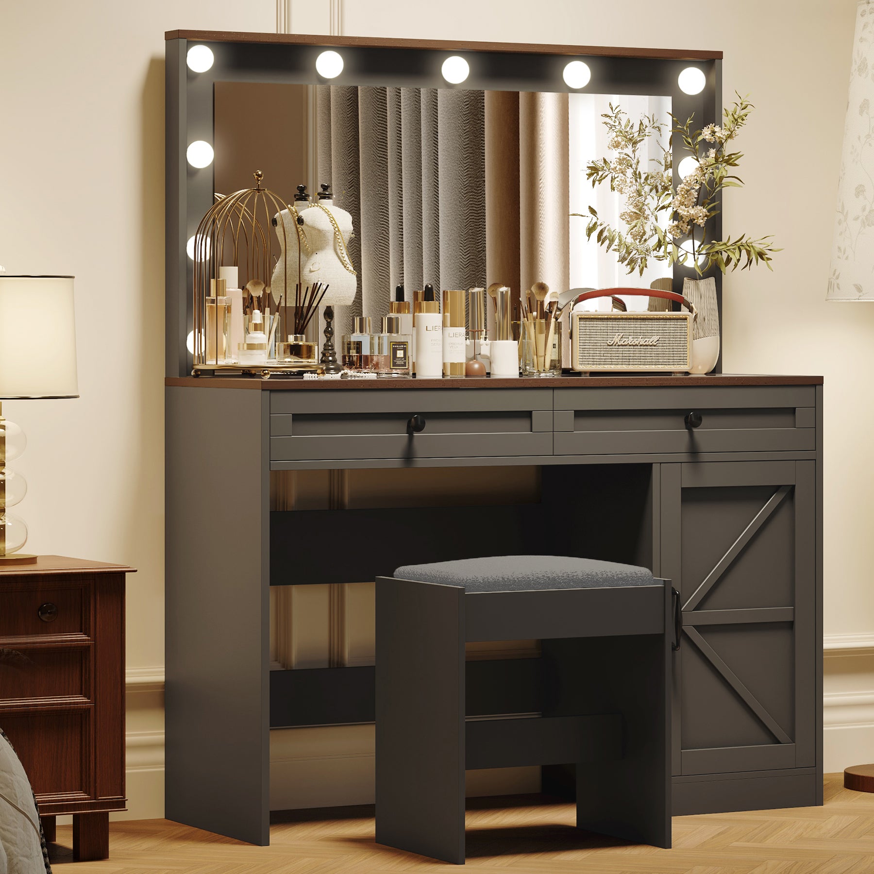 43.4'Makeup Vanity Table, Makeup Table with Large Mirror and 11 LED Light , Brightness Adjustable, Dressing Table Desk with 3 Drawers, Vanity Desk for Women(Black with Stool)