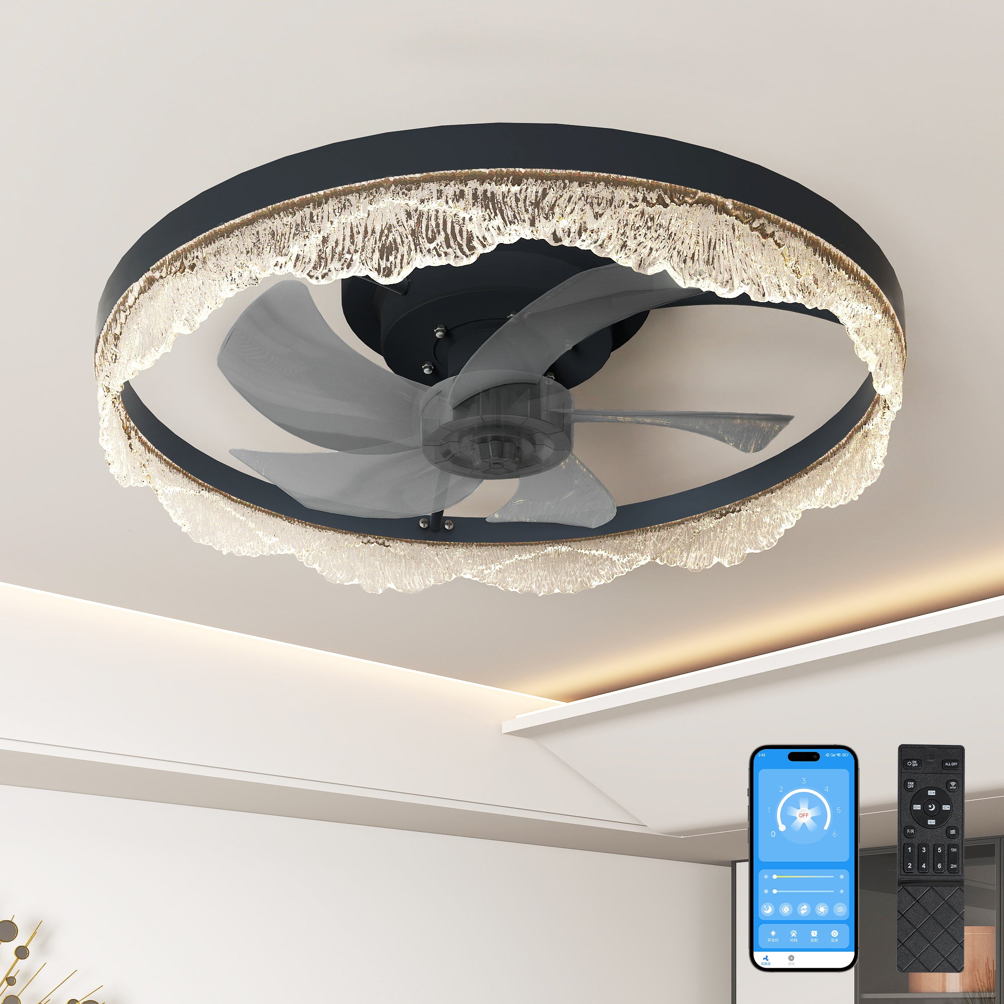 20' Decorative LED Ceiling Fan Light – Modern Flush Mount with Acrylic Ring, Hidden Blades, Remote Control, and Dimmable Light for Stylish Homes (Black)