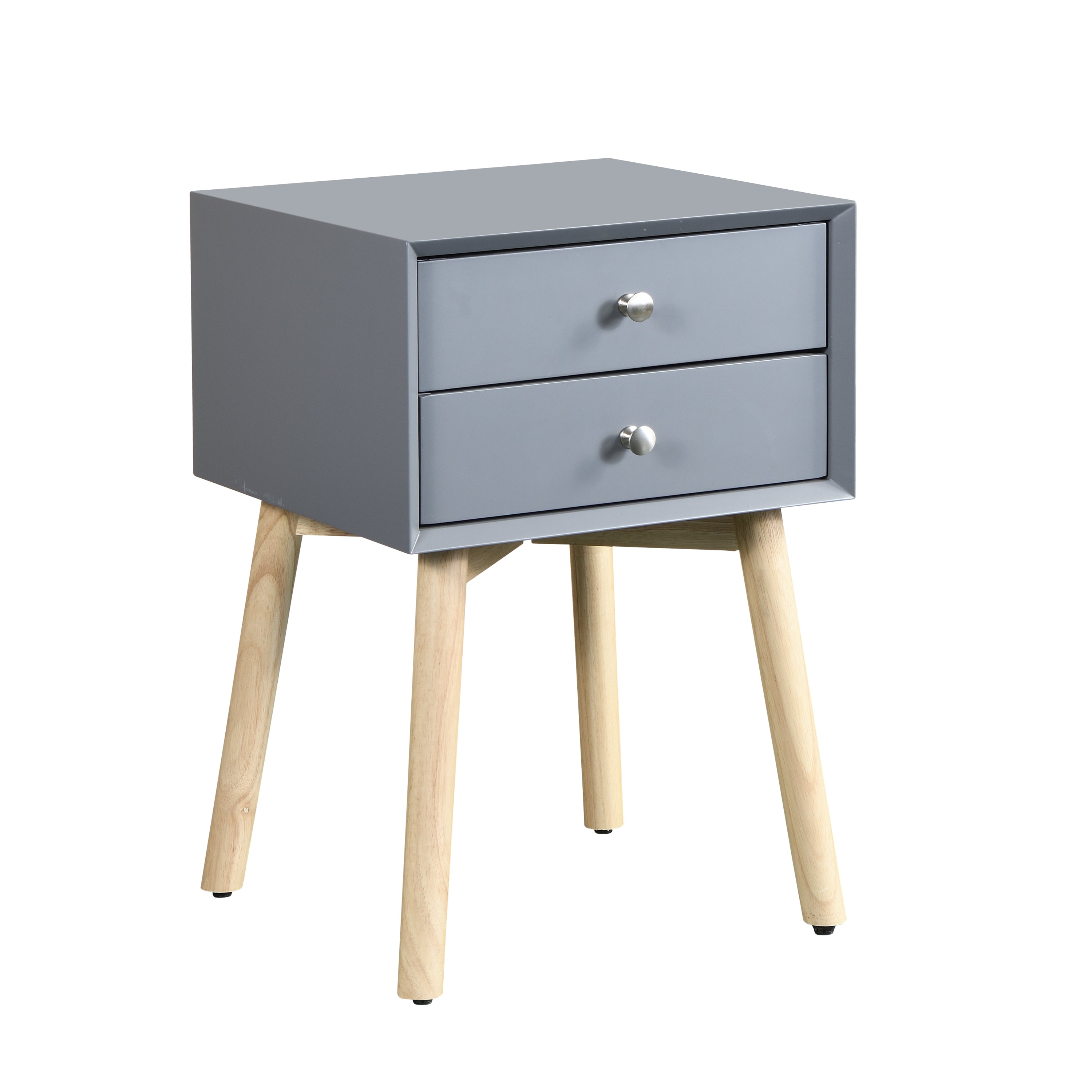 Mid-Century Modern Gray Side Table with 2 Drawers and Rubber Wood Legs