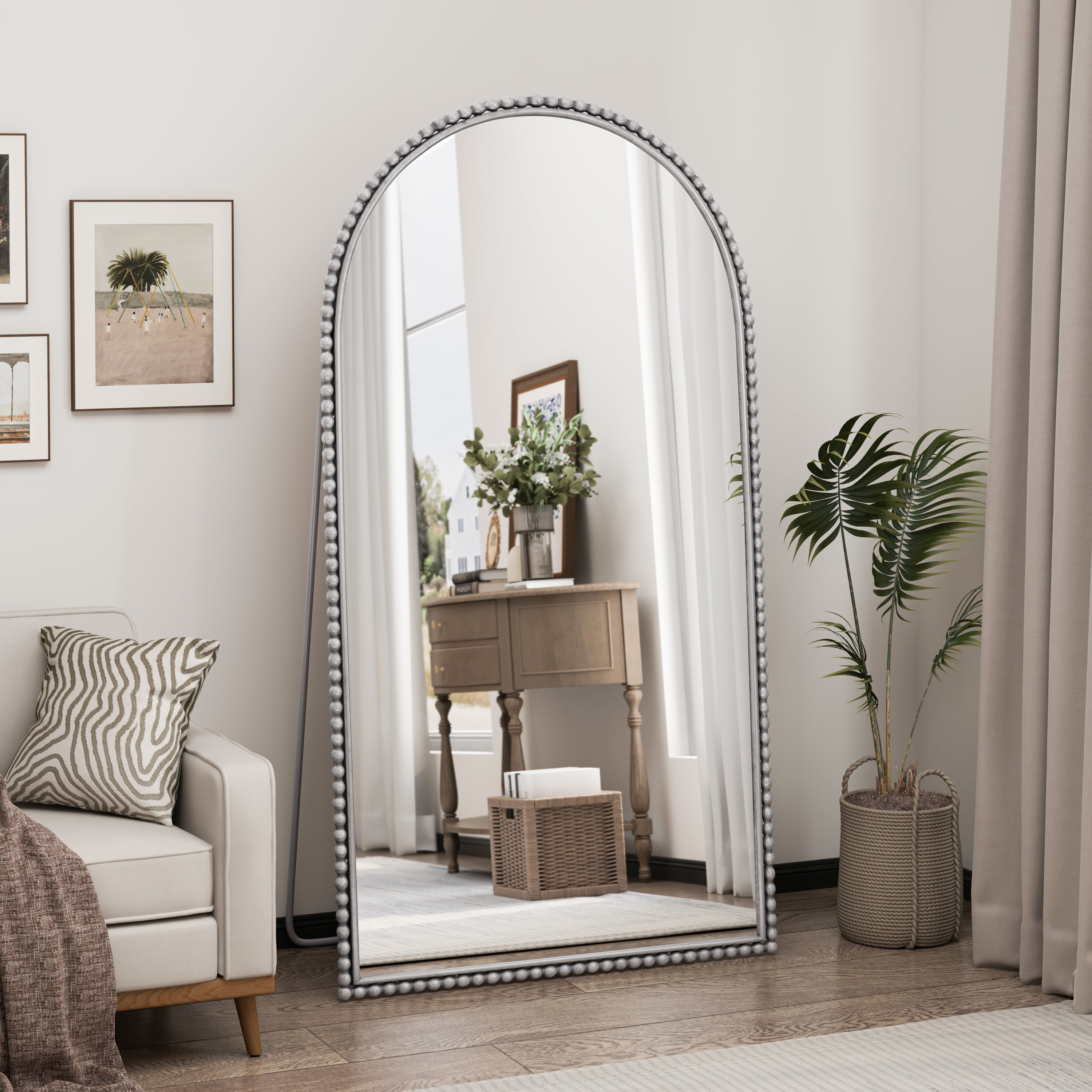 Iron Arch Retro Full Length Mirror With Supporting Feet, For Living Room, Bedroom (Silver)