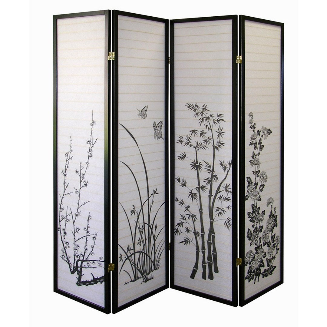 70' Tall 4-Panel Screen / Room Divider, Floral Design with Black finish