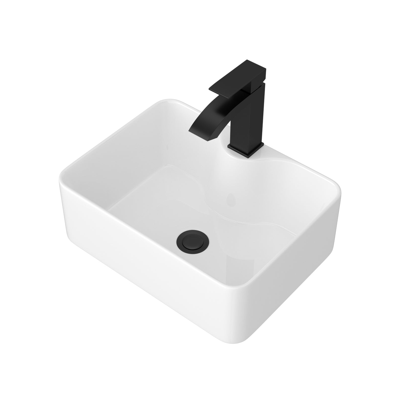 Modern White Ceramic Rectangular Vessel Sink with Black Faucet & Drain, 16x12 inches