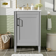 20' Gray Bathroom Vanity with Ceramic Sink, Soft Close Door, Adjustable U-Shaped Shelf, Door Storage Rack, Modern Freestanding Cabinet for Small Bathrooms
