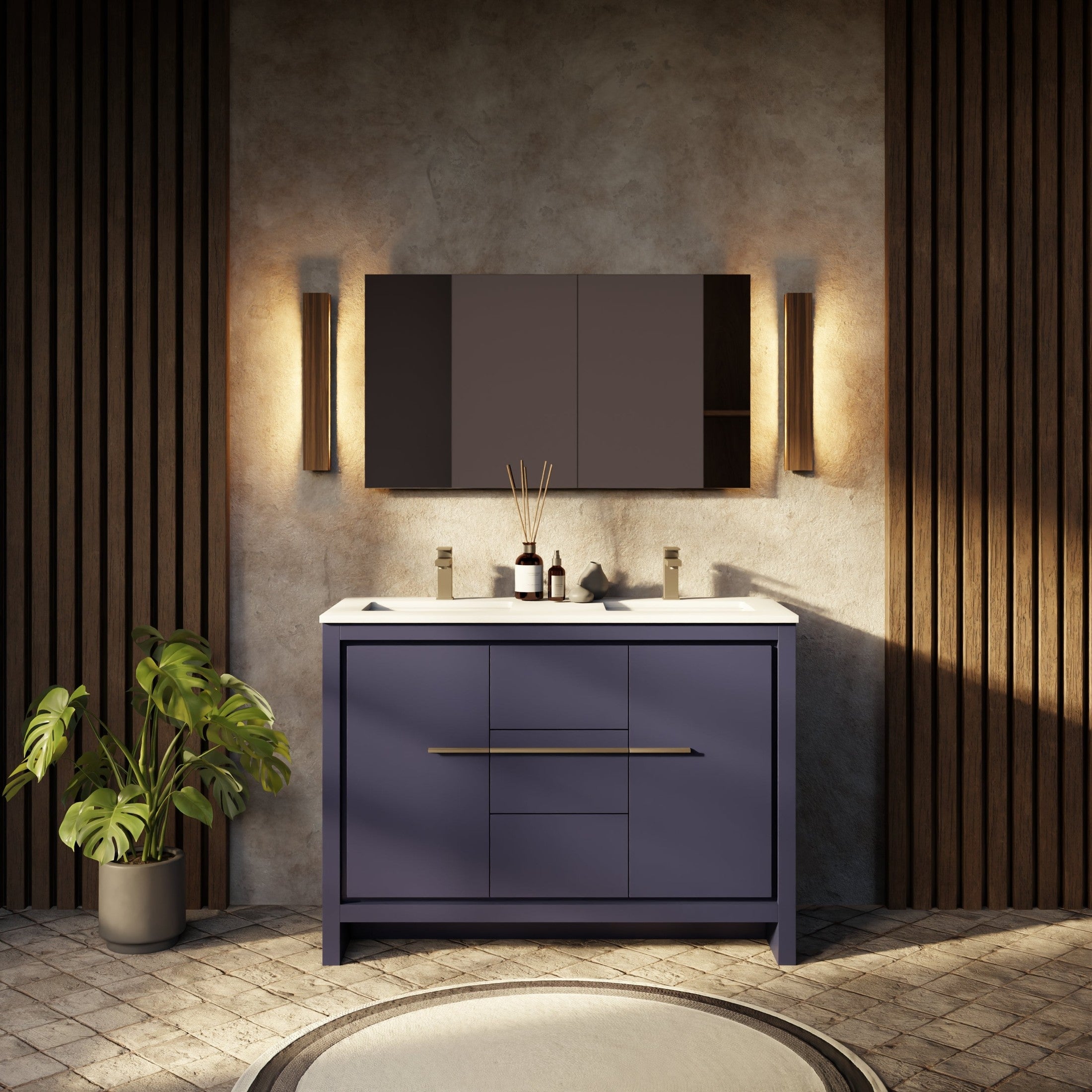 Navy Blue Double Bath Vanity 48 in. W x 20 in. D, Cultured Marble Top and Gun Metal Faucet Set