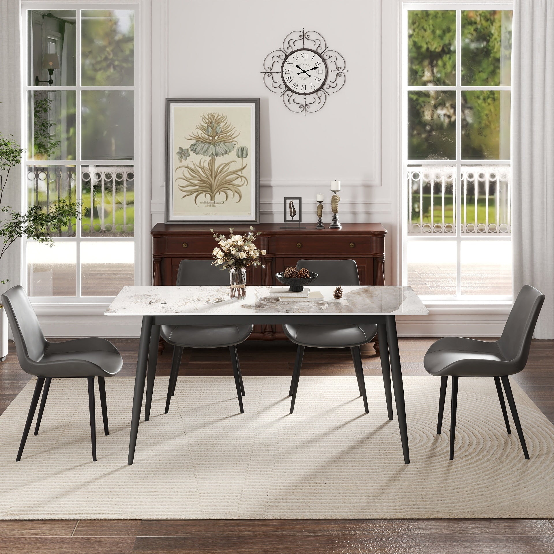 62.99' Modern Artificial Stone White Pandora Straight Edge Black Metal Leg Dining Table-Can Accommodate 6 People(Dining Table Only)