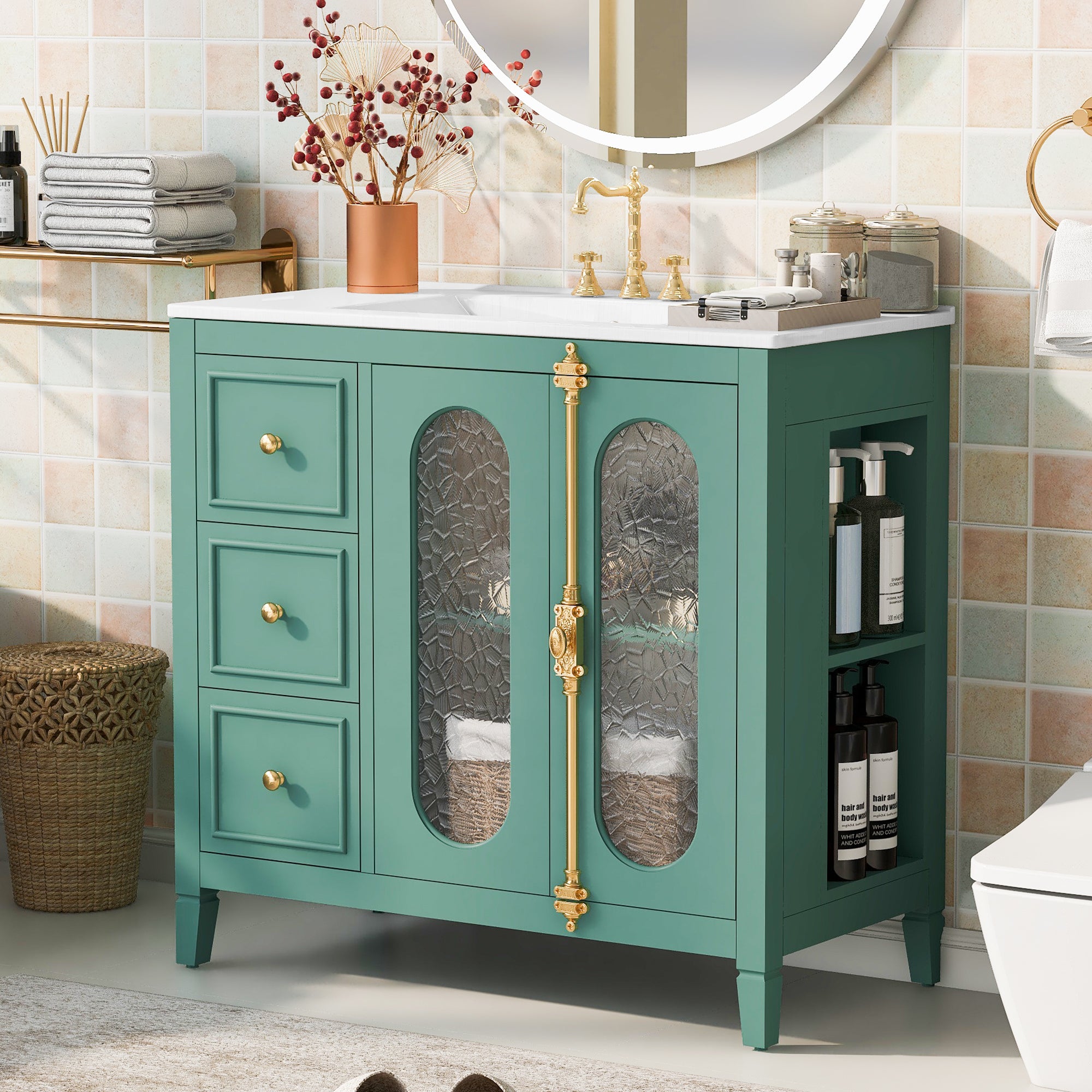 36-inch Bathroom Vanity with 2 Soft Close Doors, Solid Wood Frame Modern Bathroom Storage Cabinet with 3 Drawers