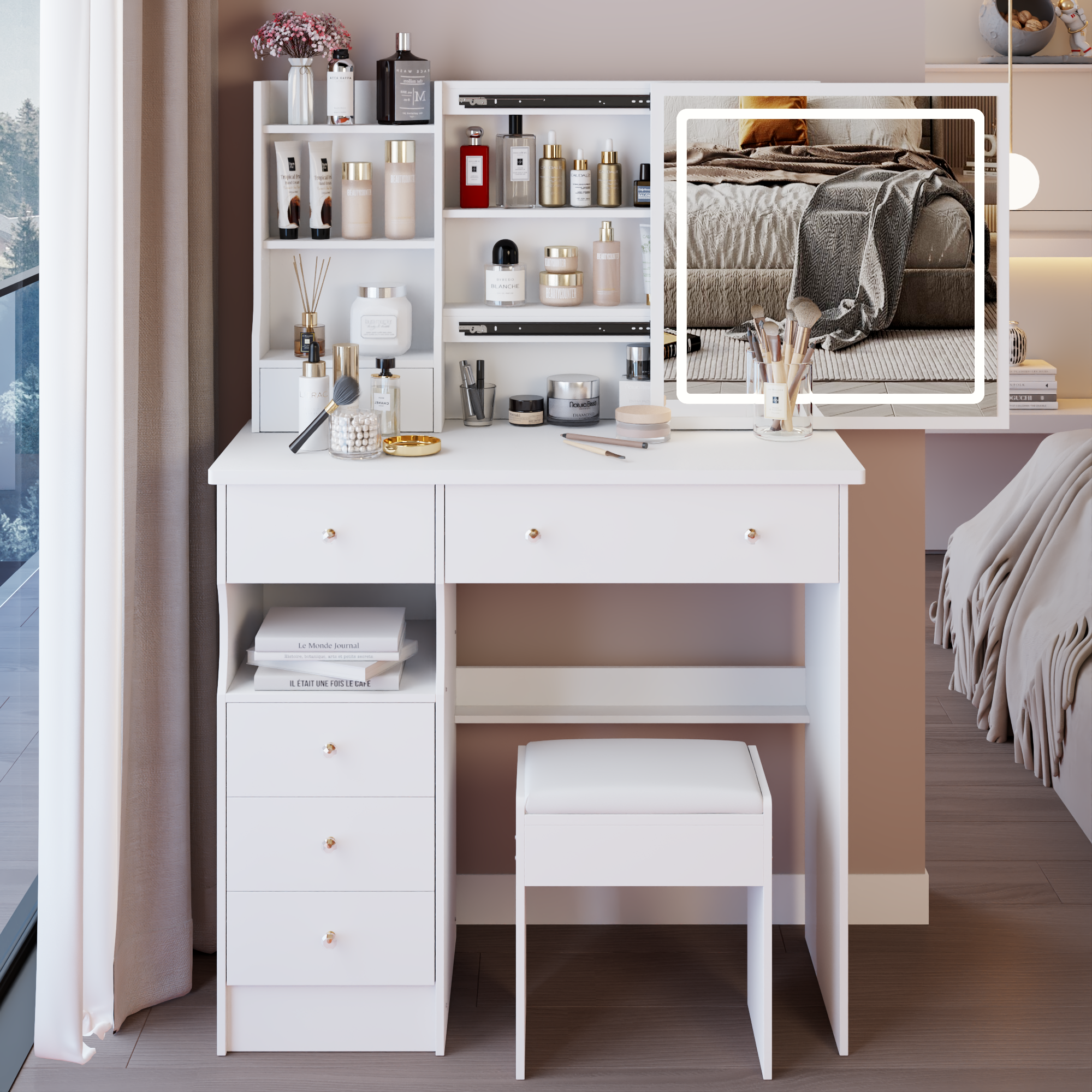 37' Middle Size Left Drawer Desktop Vanity Table + Cushioned Stool, Large Sliding, Touch Control, Tri-color Switching, Brightness Adjust LED Mirror, High Capacity Storage, Suitable for Large Space