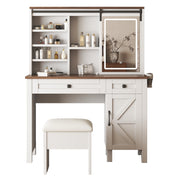 Rustic Farmhouse Makeup Vanity Desk with Sliding Mirror, LED Lights, and Charging Socket, White MDF, 42.13''L