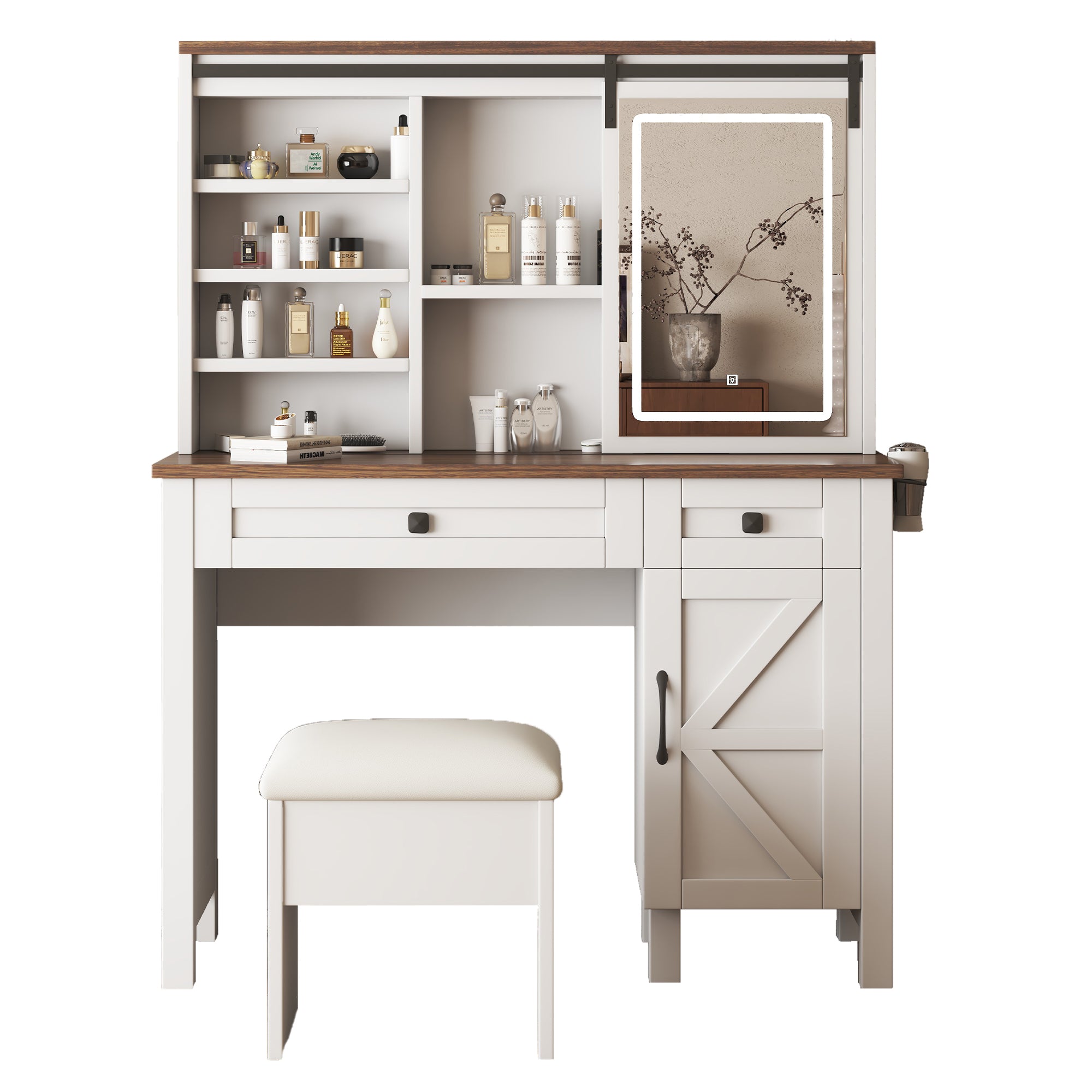 Rustic Farmhouse Makeup Vanity Desk with Sliding Mirror, LED Lights, and Charging Socket, White MDF, 42.13''L