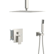 Brushed Nickel Dual Shower Head - 16 Inch Ceiling Mount Square Shower System with Rough-in Valve, Stainless Steel & Brass
