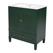 Vintage Style 30' Green Bathroom Vanity with Sink, Acacia Wood & MDF Frame, Ceramic Top, Soft-Closing Door, Multi-functional Storage