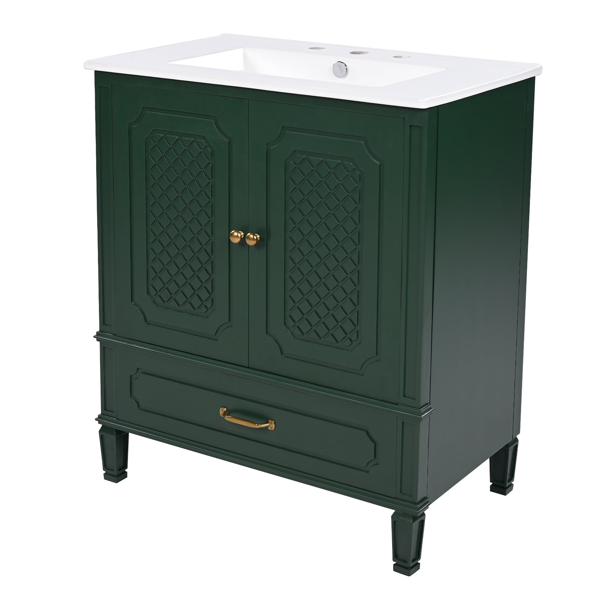 Vintage Style 30' Green Bathroom Vanity with Sink, Acacia Wood & MDF Frame, Ceramic Top, Soft-Closing Door, Multi-functional Storage