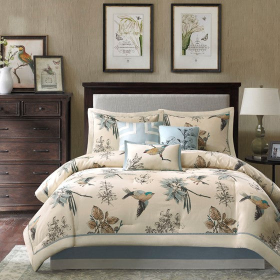 7 Piece Printed Cotton Twill Comforter Set Khaki Queen