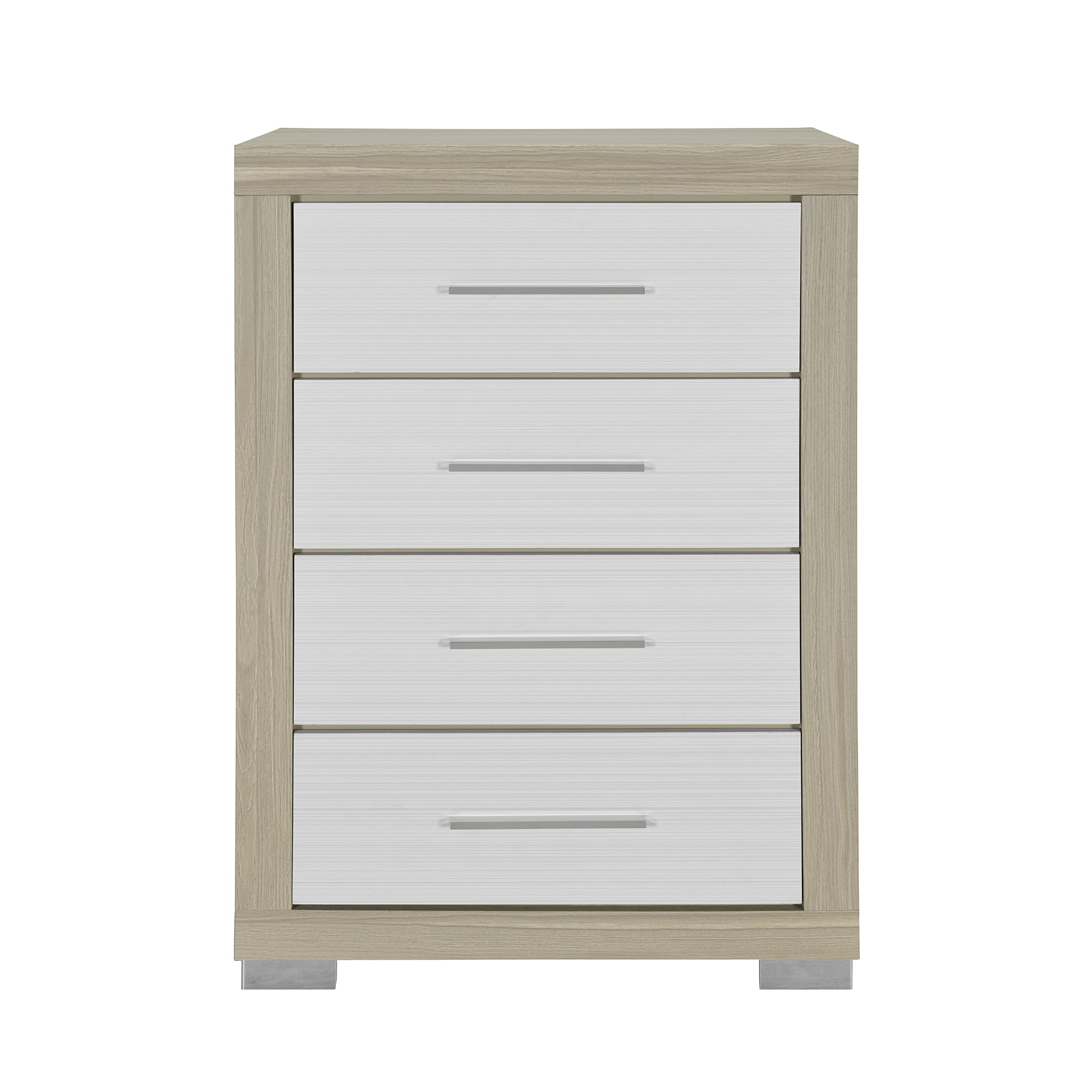 Elsa Two-Toned Chest with Bar Handle Style and Spacious Drawers in Natural and White Solid Wood and MDF