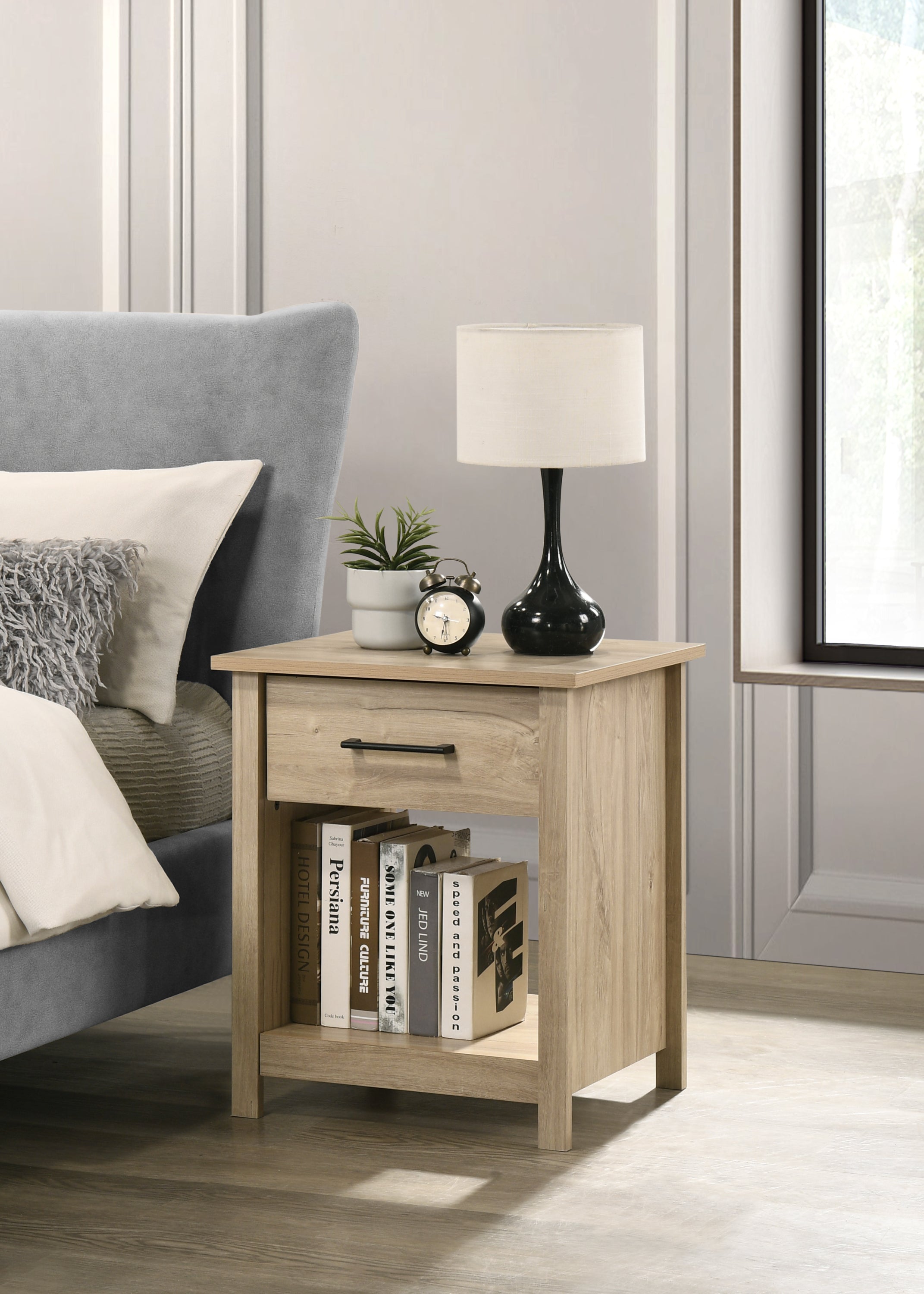 Celeste 20'W Light Oak Finish 1-Drawer Nightstand Bedside Table