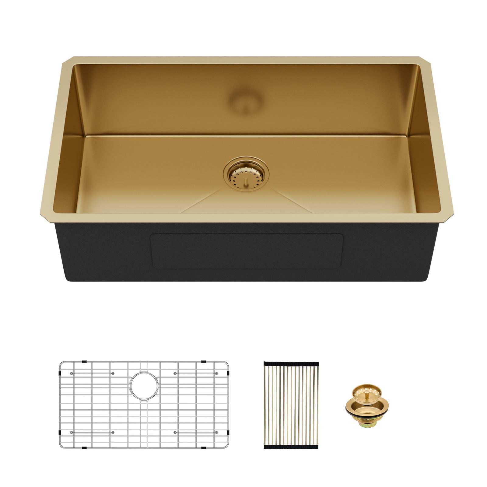 Gold Finish Undermount Stainless Steel Kitchen Sink 32' x 19' 16 Gauge Deep Single Bowl with Brushed Finish