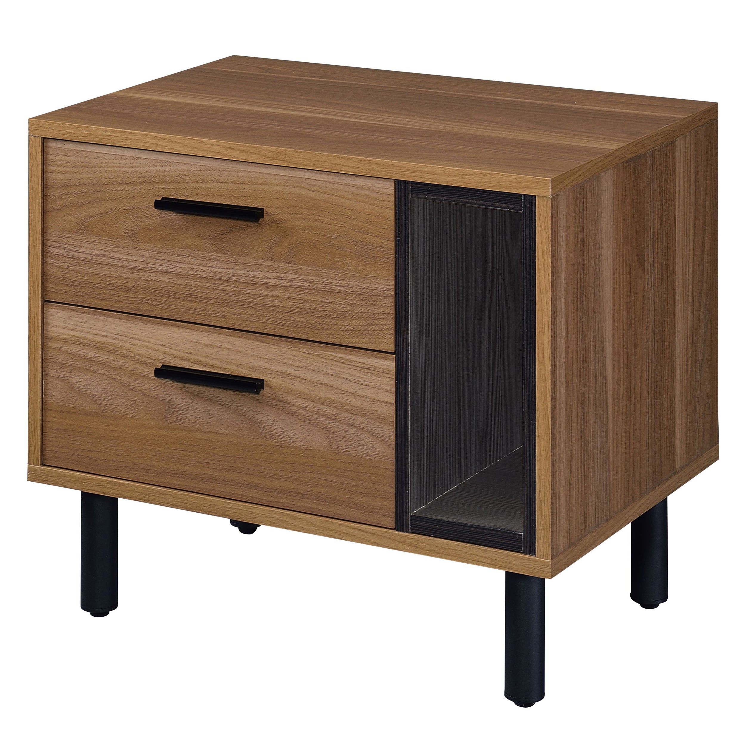 Brown Oak and Black 2-Drawer Nightstand
