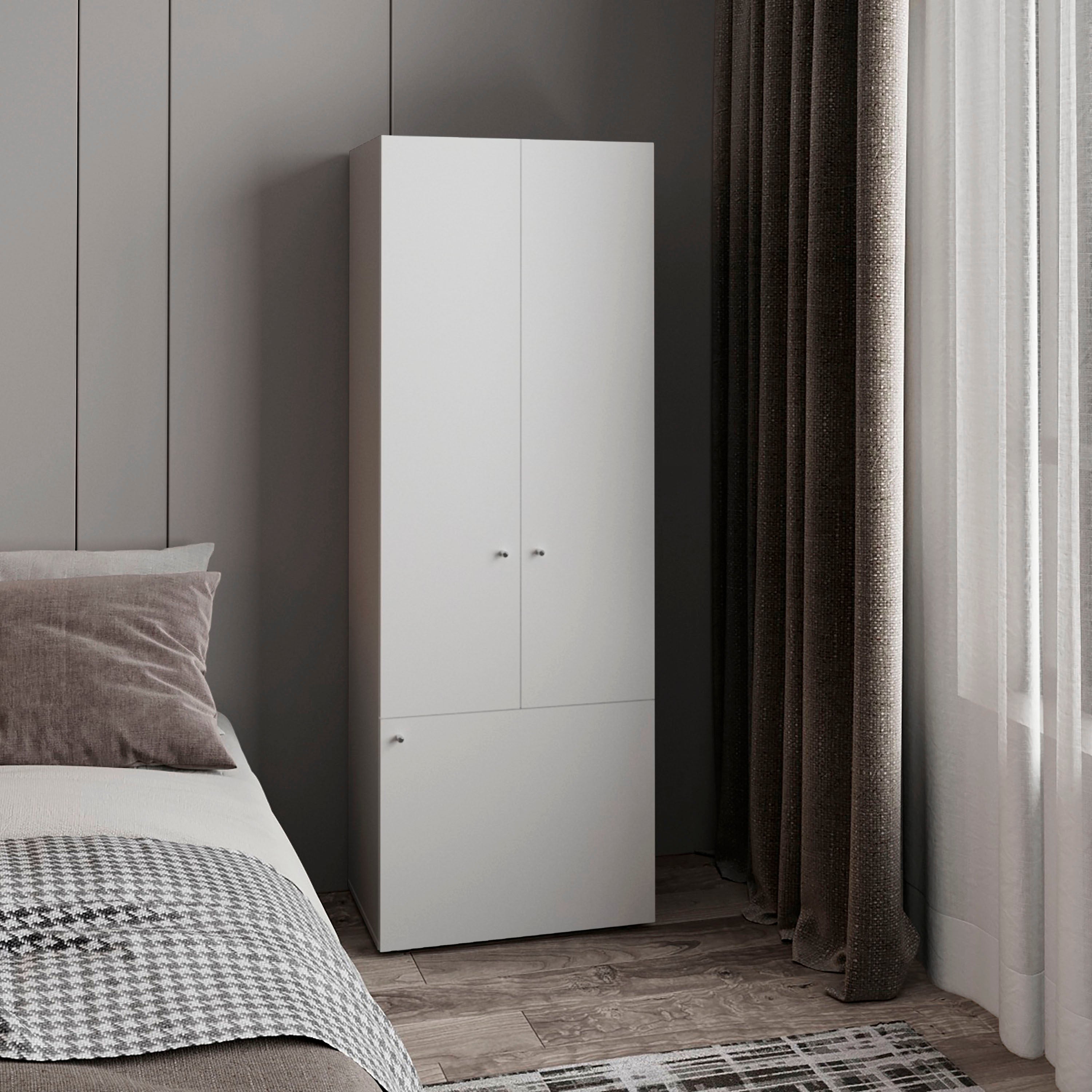 Home 3 Door Closet System with Hanging Rod for clothes and interior Shelves, Manufactured Wood Freestanding Bedroom Storage, Utility Room or Laundry Room Furniture, White