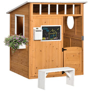 Outsunny Wooden Playhouse for Kids Outdoor with Working Door, Windows, Mailbox, Bench, Flowers Pot Holder, 48' x 42.5' x 53'