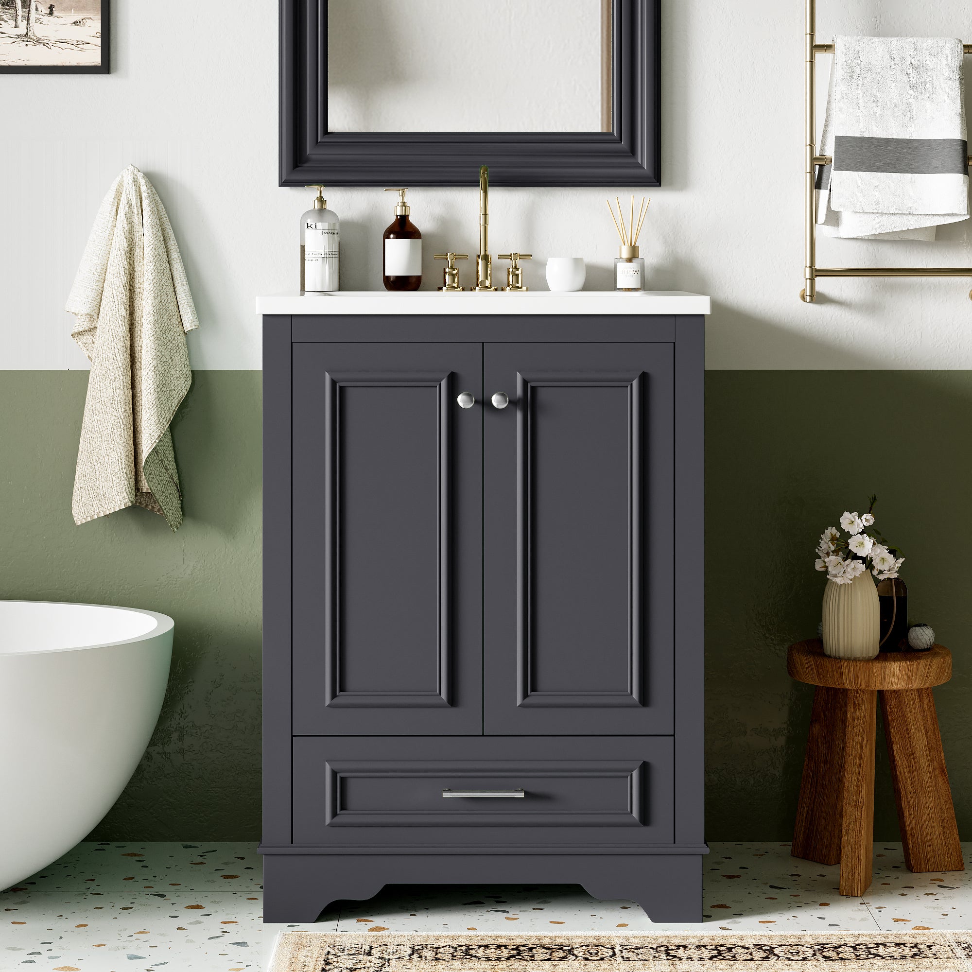 24'' Bathroom Vanity with Ceramic Sink Combo, Modern Freestanding Storage Cabinet  with Silver Handles,  Soft Closing Doors