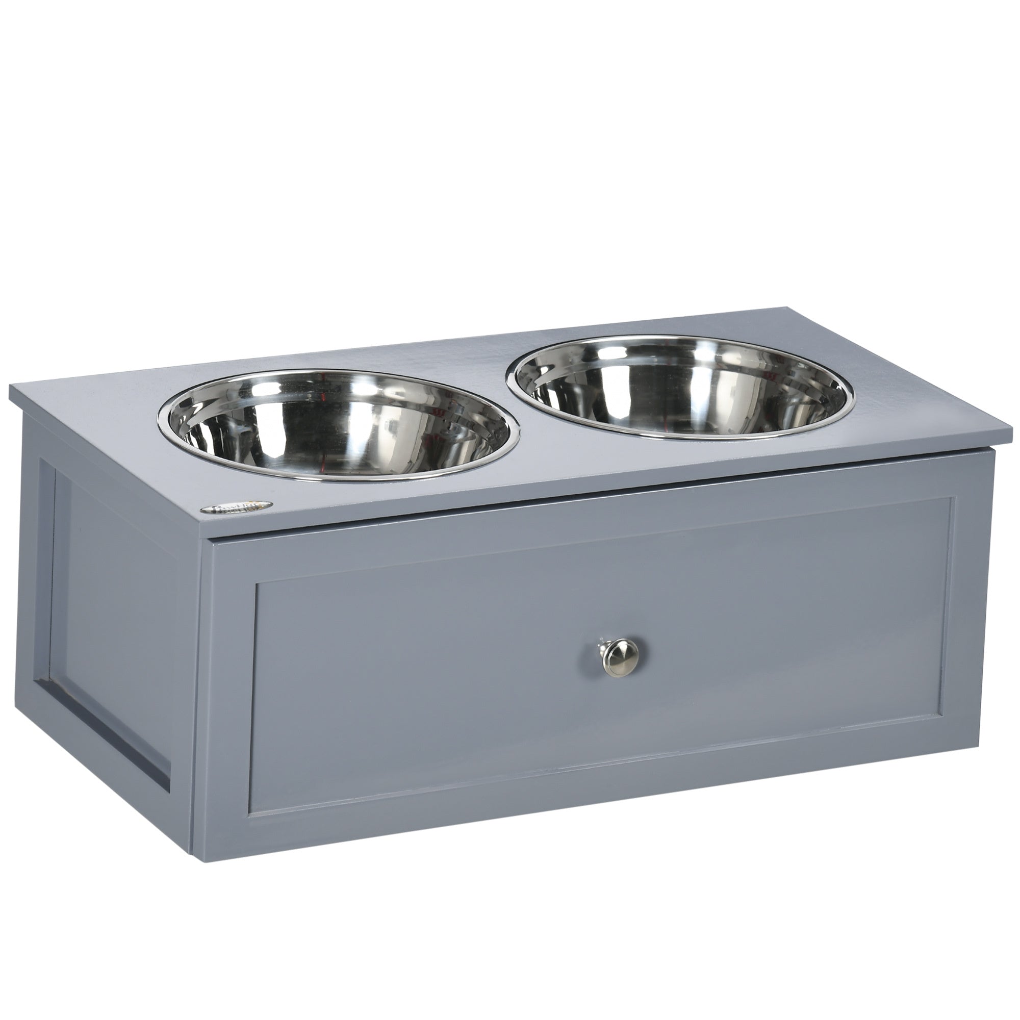 PawHut Elevated Dog Bowls, Raised Dog Bowl Stand with Storage, 2 Stainless Steel Bowls, Pet Feeding Station for Medium Dogs, Indoor Use, 23.6' x 11.8' x 9.4', Gray