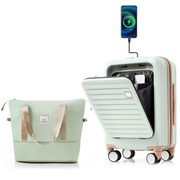 Front Opening 20-Inch Carry-On Luggage with Expandable Travel Bag Set, ABS Hard Shell Two-piece suitcase set with USB Port , Cup Holder, grey green